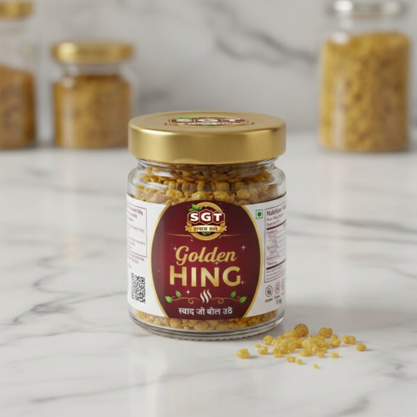 Golden Hing crystal jar by Shree Girraj Traders Hathras, premium asafoetida with strong aroma