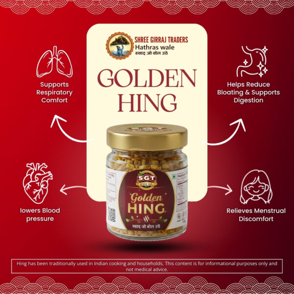 Golden Hing benefits infographic showing digestion, respiratory comfort, blood pressure and menstrual relief