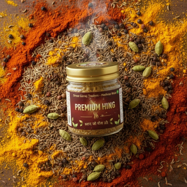 Pure hing asafoetida surrounded by Indian spices showing freshness and richness