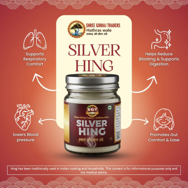 Shree Girraj Traders Silver Hing jar showing digestive and gut comfort benefits, pure Hathras asafoetida for daily Indian cooking