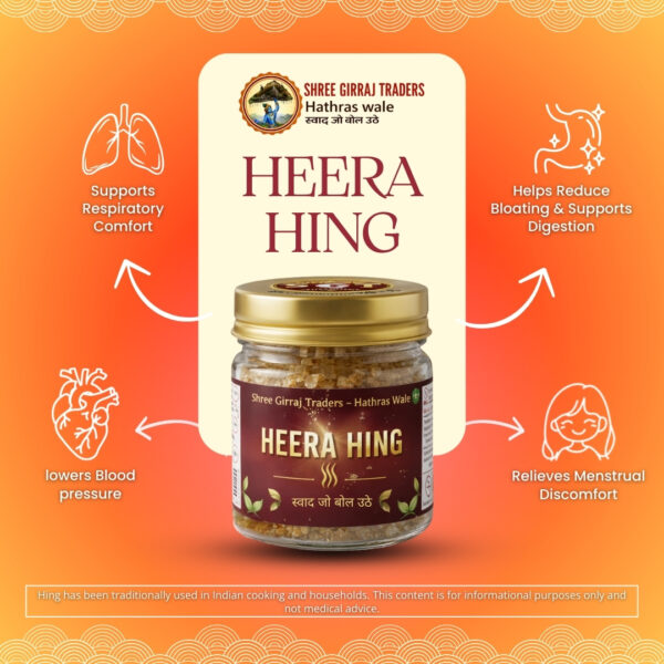 Heera Hing benefits infographic showing digestion and aroma support