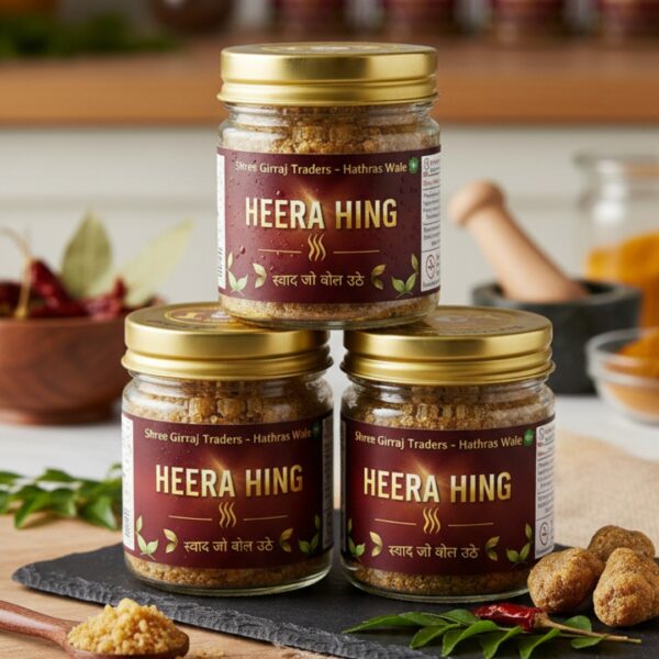 Heera Hing premium crystal asafoetida jars stacked in kitchen setting