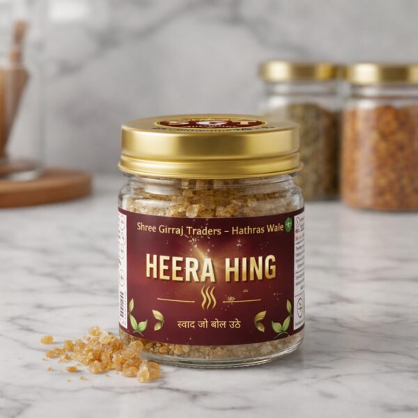 Heera Hing raw asafoetida crystals in glass jar by Shree Girraj Traders Hathras Wale