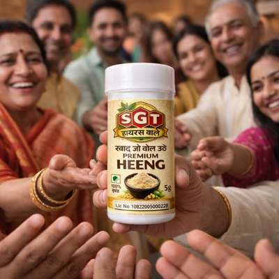 A close-up of a hand holding a white bottle of SGT Premium Heeng (Asafoetida) as a group of smiling people reach out toward it with open palms.