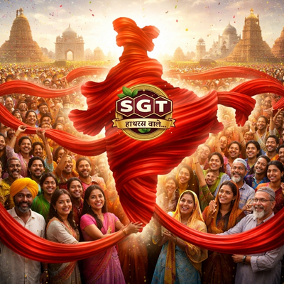 A vast, smiling crowd of diverse Indian people surrounding a central silhouette of the Indian map created from flowing, luminous red silk fabric.