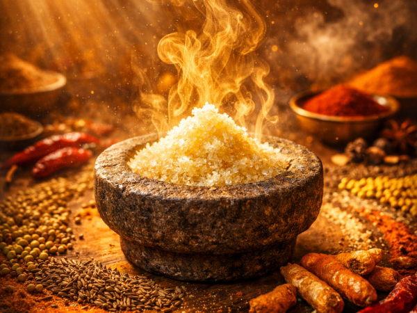 A mesmerizing close-up of premium hing (asafoetida) powder in a traditional stone mortar, dramatically illuminated by golden god rays and ethereal steam rising like mystical fire. Surrounding it on a rustic wooden surface are vibrant Indian spices including turmeric roots, red chilies, cumin seeds, coriander, cardamom pods, cloves, and fenugreek, all in golden brass bowls and scattered artfully. The warm, cinematic lighting with fiery glows and subtle sparkles evokes purity, tradition, and aromatic magic in hyper-detailed 4K style, perfect for a spice brand's visionary branding.