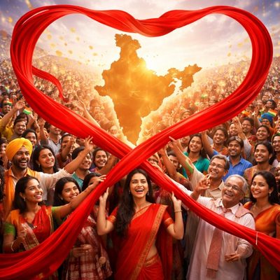 A diverse crowd of smiling people in India holding long red silk banners that form a giant heart shape around a glowing golden silhouette of the Indian map.